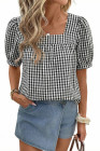 EVALESS Women's Plaid Shirt Dressy Casual Square Neck Tops 2026 Fashion Summer Puff Short Sleeve Loose Gingham Blouses
