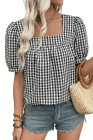 EVALESS Women's Plaid Shirt Dressy Casual Square Neck Tops 2026 Fashion Summer Puff Short Sleeve Loose Gingham Blouses