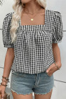 EVALESS Women's Plaid Shirt Dressy Casual Square Neck Tops 2026 Fashion Summer Puff Short Sleeve Loose Gingham Blouses