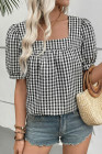 EVALESS Women's Plaid Shirt Dressy Casual Square Neck Tops 2026 Fashion Summer Puff Short Sleeve Loose Gingham Blouses