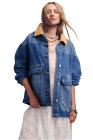 EVALESS Jean Jacket Women Trendy Color Block Denim Jacket Oversized Long Sleeve Button Down Jackets Shacket Coat with Pockets
