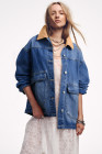 EVALESS Jean Jacket Women Trendy Color Block Denim Jacket Oversized Long Sleeve Button Down Jackets Shacket Coat with Pockets