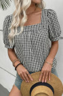 EVALESS Women's Plaid Shirt Dressy Casual Square Neck Tops 2026 Fashion Summer Puff Short Sleeve Loose Gingham Blouses