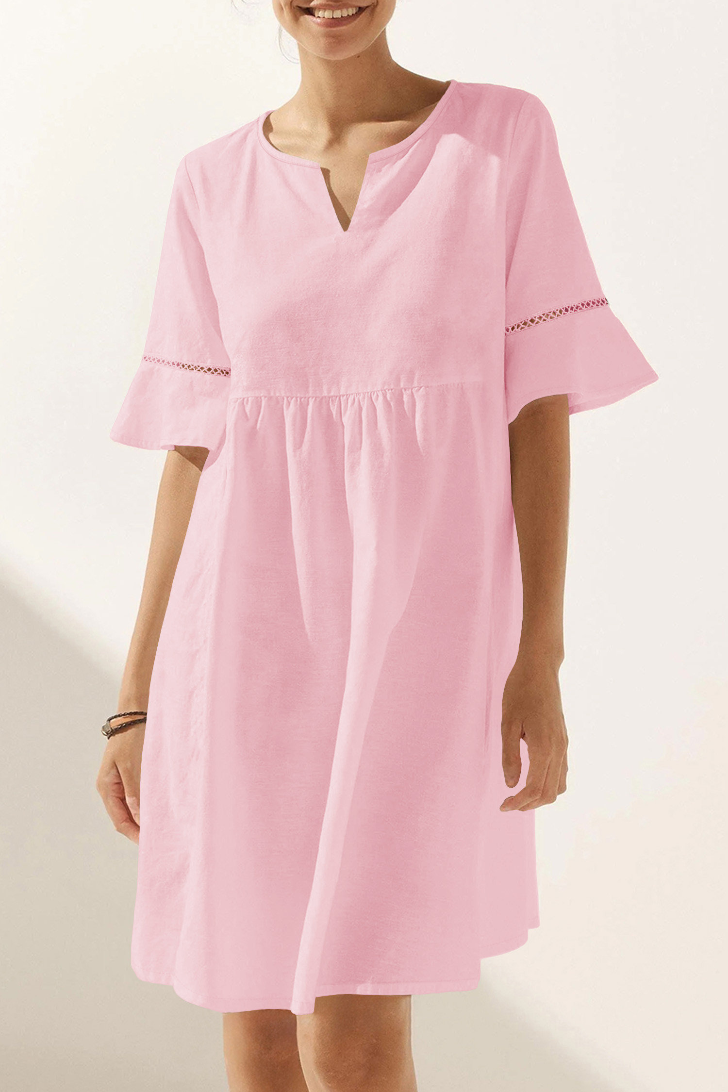 EVALESS Summer Dresses for Women 2026 Casual V Neck Spring Dress Ruffle Short Sleeve Hollow Out Mini Dress A Line Dresses