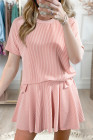 EVALESS Two Piece Sets for Women Summer Outfits Ribbed Knit Short Sleeve Tops and Lined Pleated Mini Skirt Lounge Sets