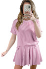 EVALESS Two Piece Sets for Women Summer Outfits Ribbed Knit Short Sleeve Tops and Lined Pleated Mini Skirt Lounge Sets