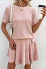 EVALESS Two Piece Sets for Women Summer Outfits Ribbed Knit Short Sleeve Tops and Lined Pleated Mini Skirt Lounge Sets