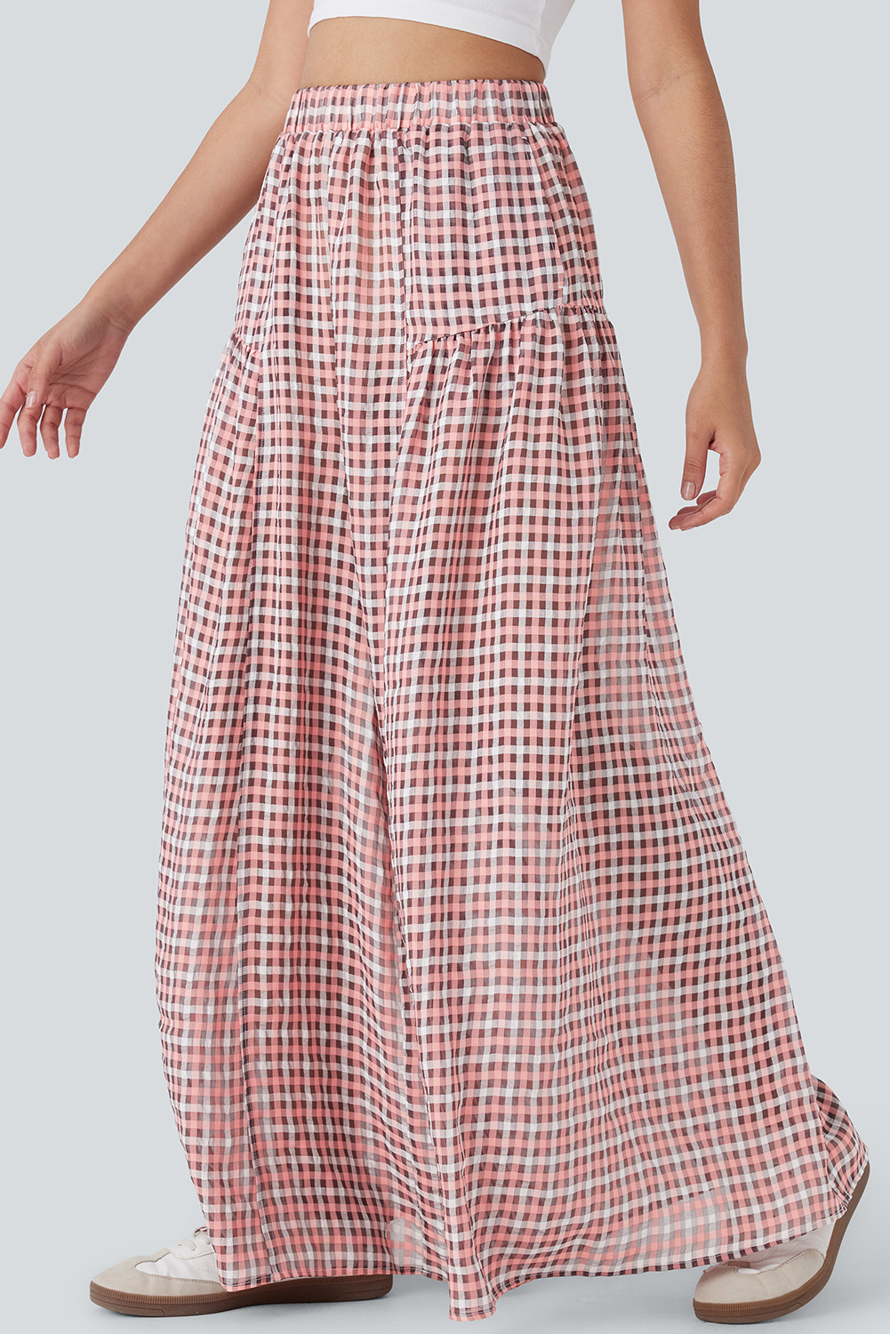 EVALESS Women's Wide Leg Palazzo Pants Casual Elastic High Waisted Cotton Gingham Plaid Culottes Trousers with Pockets