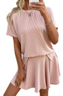 EVALESS Two Piece Sets for Women Summer Outfits Ribbed Knit Short Sleeve Tops and Lined Pleated Mini Skirt Lounge Sets