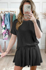 EVALESS Two Piece Sets for Women Summer Outfits Ribbed Knit Short Sleeve Tops and Lined Pleated Mini Skirt Lounge Sets