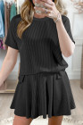 EVALESS Two Piece Sets for Women Summer Outfits Ribbed Knit Short Sleeve Tops and Lined Pleated Mini Skirt Lounge Sets