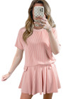 EVALESS Two Piece Sets for Women Summer Outfits Ribbed Knit Short Sleeve Tops and Lined Pleated Mini Skirt Lounge Sets