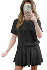 EVALESS Two Piece Sets for Women Summer Outfits Ribbed Knit Short Sleeve Tops and Lined Pleated Mini Skirt Lounge Sets