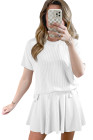 EVALESS Two Piece Sets for Women Summer Outfits Ribbed Knit Short Sleeve Tops and Lined Pleated Mini Skirt Lounge Sets