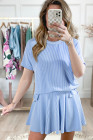 EVALESS Two Piece Sets for Women Summer Outfits Ribbed Knit Short Sleeve Tops and Lined Pleated Mini Skirt Lounge Sets