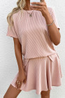 EVALESS Two Piece Sets for Women Summer Outfits Ribbed Knit Short Sleeve Tops and Lined Pleated Mini Skirt Lounge Sets