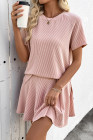 EVALESS Two Piece Sets for Women Summer Outfits Ribbed Knit Short Sleeve Tops and Lined Pleated Mini Skirt Lounge Sets