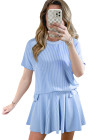 EVALESS Two Piece Sets for Women Summer Outfits Ribbed Knit Short Sleeve Tops and Lined Pleated Mini Skirt Lounge Sets