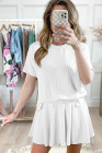 EVALESS Two Piece Sets for Women Summer Outfits Ribbed Knit Short Sleeve Tops and Lined Pleated Mini Skirt Lounge Sets