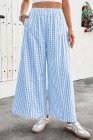 EVALESS Women's Wide Leg Palazzo Pants Casual Elastic High Waisted Cotton Gingham Plaid Culottes Trousers with Pockets