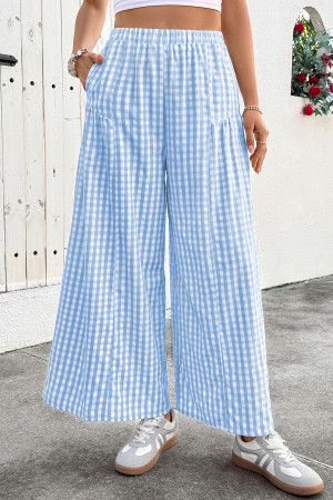 EVALESS Women's Wide Leg Palazzo Pants Casual Elastic High Waisted Cotton Gingham Plaid Culottes Trousers with Pockets LC7714184-P1204
