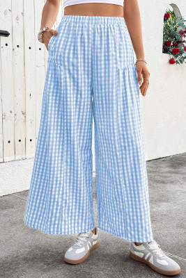 EVALESS Women's Wide Leg Palazzo Pants Casual Elastic High Waisted Cotton Gingham Plaid Culottes Trousers with Pockets LC7714184-P1204