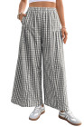EVALESS Women's Wide Leg Palazzo Pants Casual Elastic High Waisted Cotton Gingham Plaid Culottes Trousers with Pockets