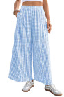 EVALESS Women's Wide Leg Palazzo Pants Casual Elastic High Waisted Cotton Gingham Plaid Culottes Trousers with Pockets