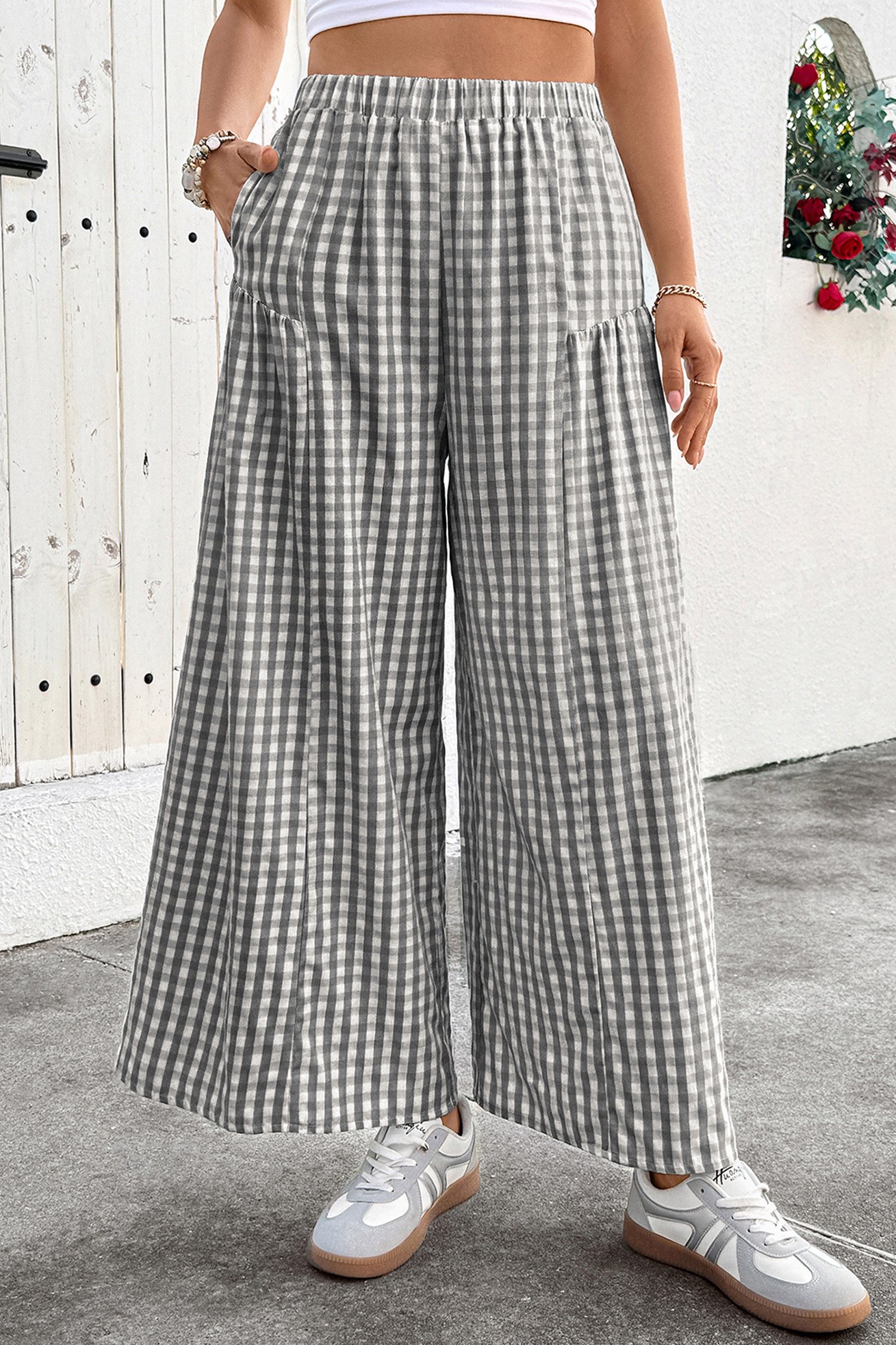 EVALESS Women's Wide Leg Palazzo Pants Casual Elastic High Waisted Cotton Gingham Plaid Culottes Trousers with Pockets