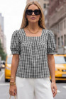 EVALESS Women's Plaid Shirt Dressy Casual Square Neck Tops 2026 Fashion Summer Puff Short Sleeve Loose Gingham Blouses