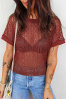 EVALESS Womens Spring Summer Tops Casual Lace Tops Crewneck Short Sleeve Shirts Cut Out T Shirts Sheer Crochet Knit Blouses