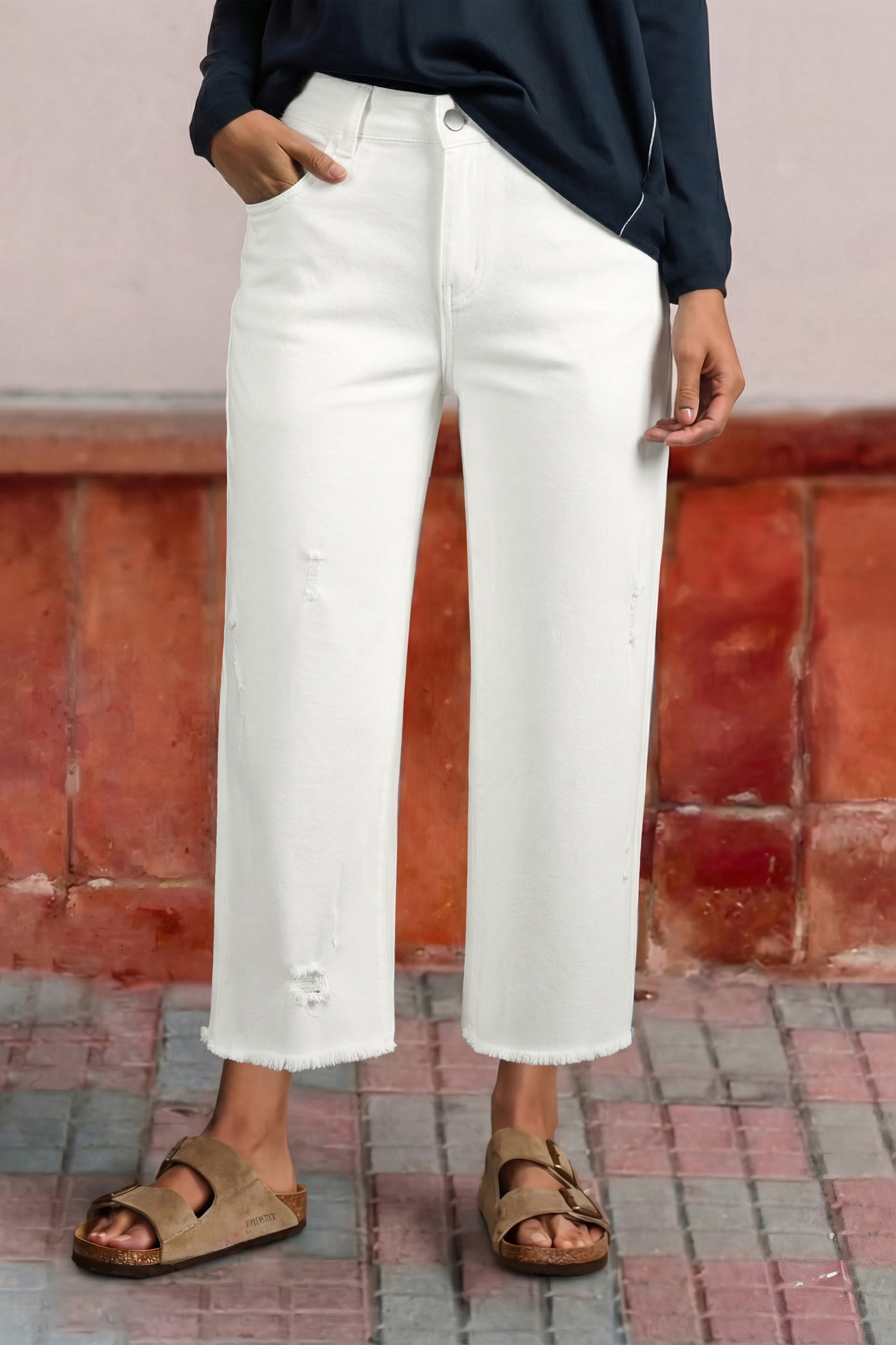 EVALESS Jeans for Women Stretchy Distressed Washed Straight Leg Frayed Raw Hem Denim Ankle Pants with Pockets