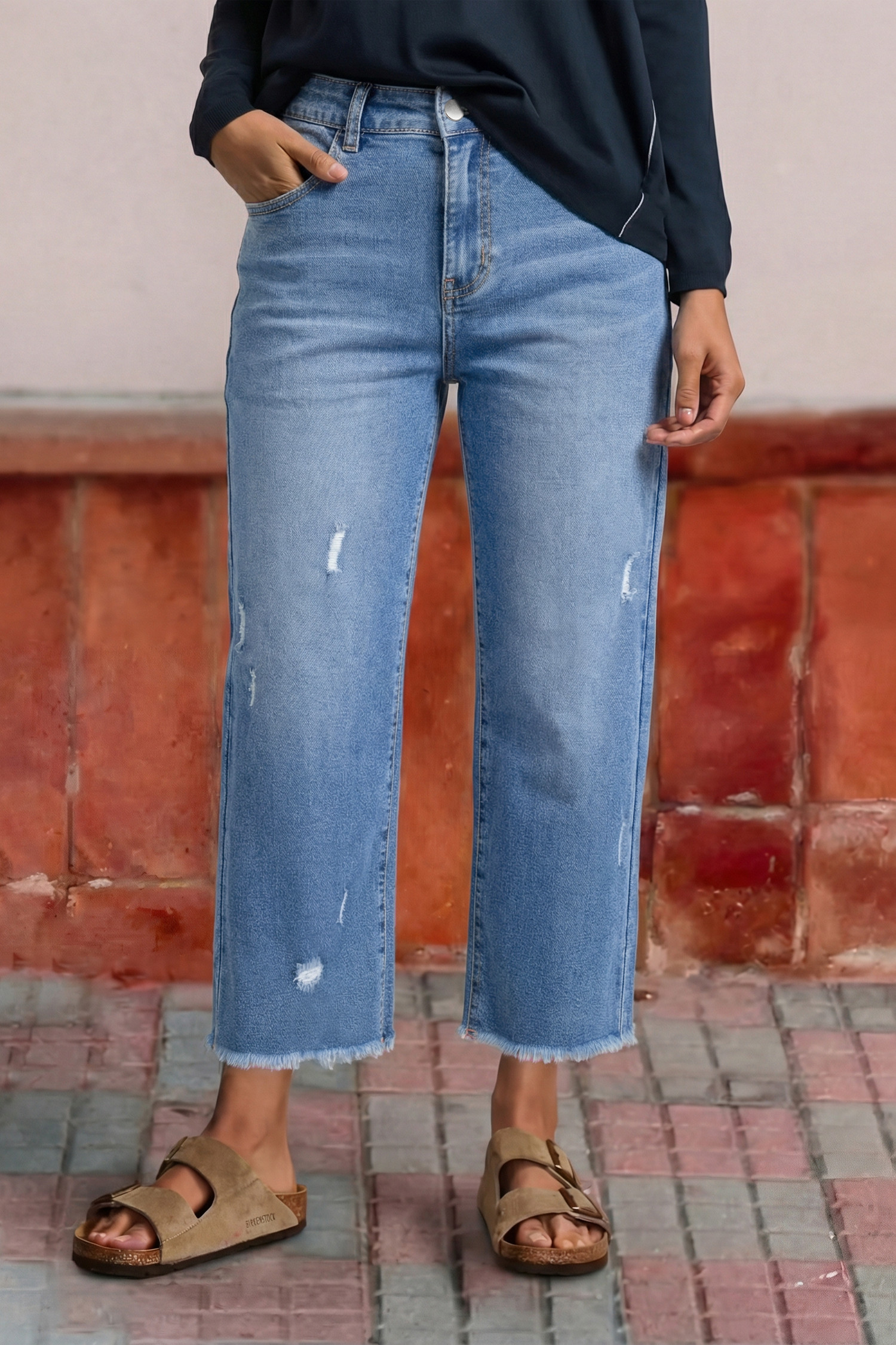 EVALESS Jeans for Women Stretchy Distressed Washed Straight Leg Frayed Raw Hem Denim Ankle Pants with Pockets