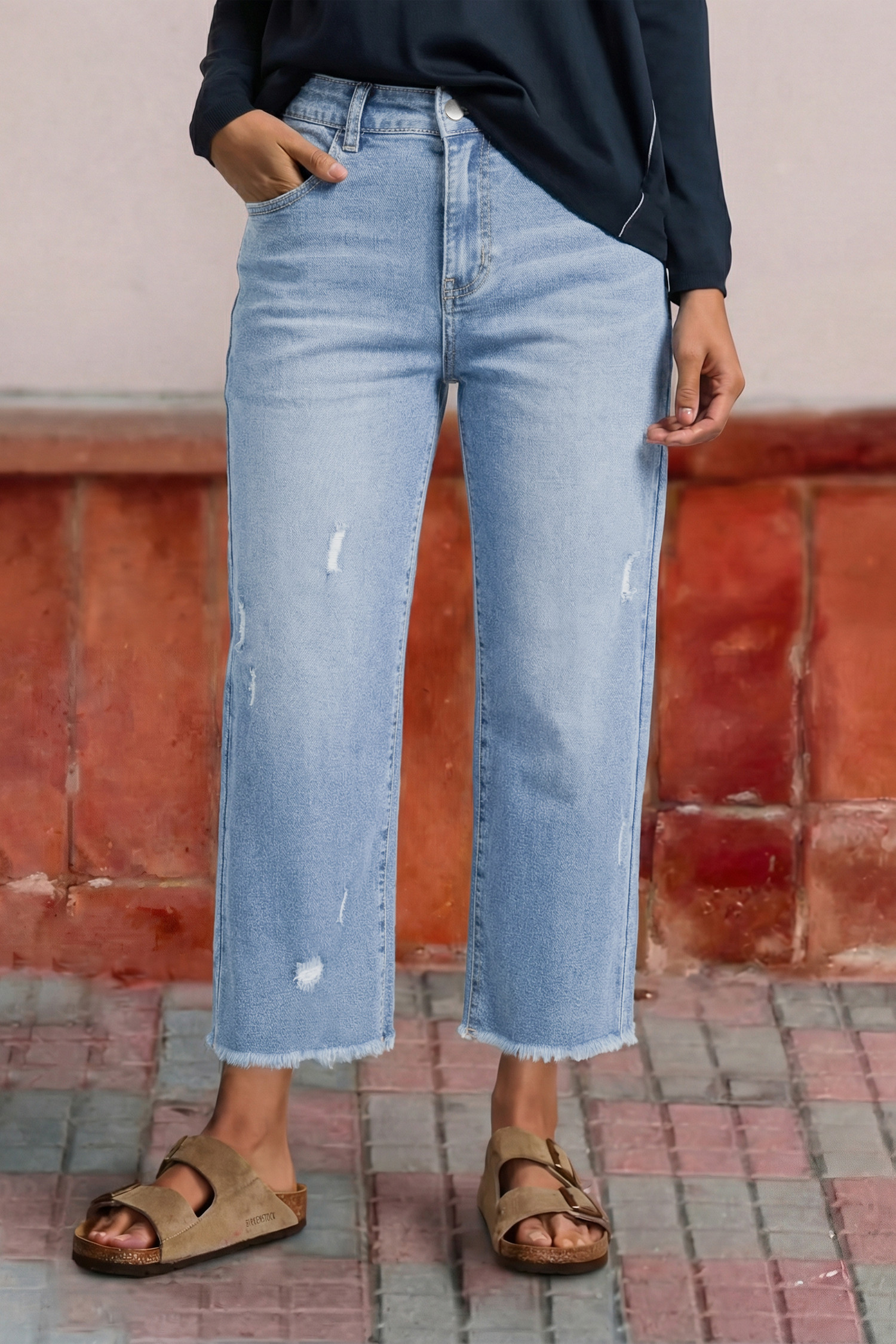 EVALESS Jeans for Women Stretchy Distressed Washed Straight Leg Frayed Raw Hem Denim Ankle Pants with Pockets