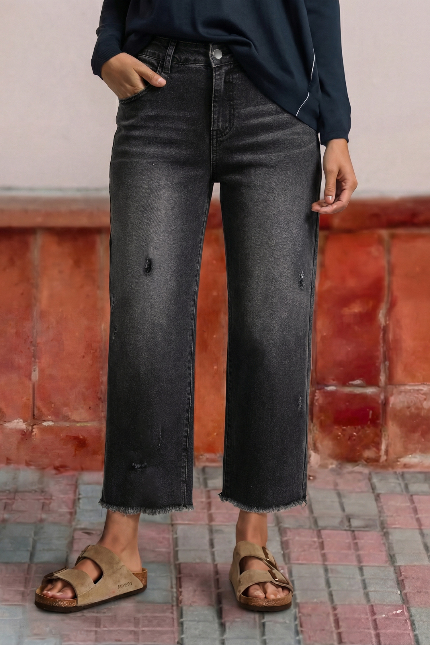 EVALESS Jeans for Women Stretchy Distressed Washed Straight Leg Frayed Raw Hem Denim Ankle Pants with Pockets