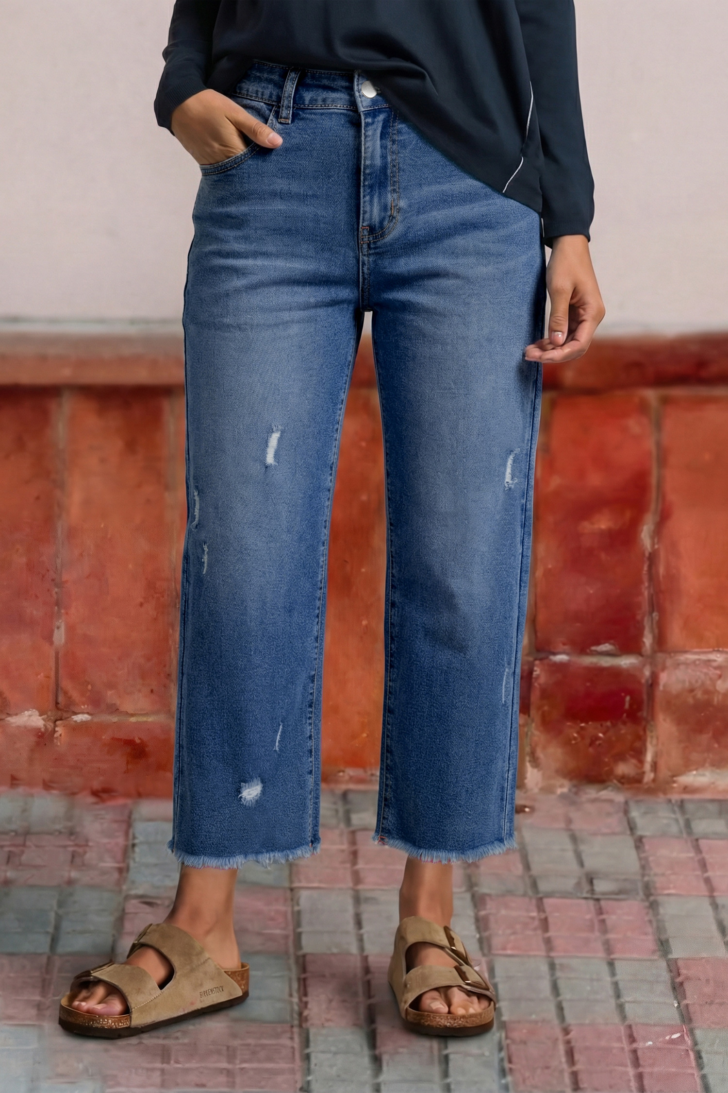 EVALESS Jeans for Women Stretchy Distressed Washed Straight Leg Frayed Raw Hem Denim Ankle Pants with Pockets