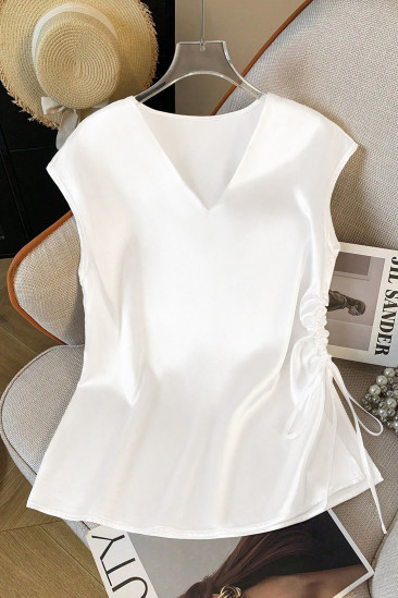 EVALESS Satin Blouses for Women Dressy Casual Silk V Neck Cap Sleeve Pleated Shirts Business Work Tops LC25613643-P1