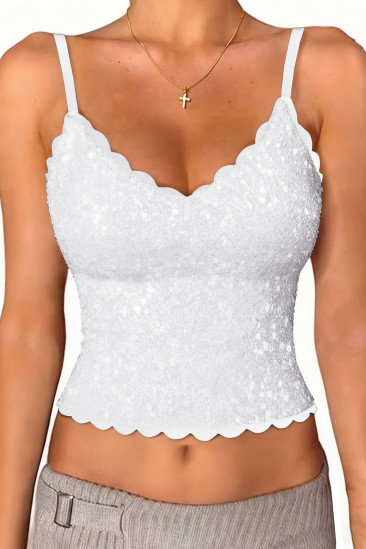 EVALESS Women Sexy Sequin V Neck Tank Tops Summer Adjustable Spaghetti Straps Going Out Sleeveless Cami ShirtsWhite Scalloped Trim Spaghetti Straps Sequin Tank Top LC25613656-P1