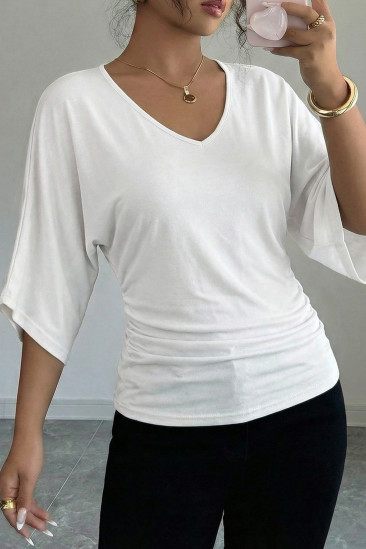 EVALESS Womens Tops Spring Summer Dressy Casual V Neck 3/4 Batwing Sleeve Ruched T-Shirt Business Work Outfits Blouses LC25135755-P1