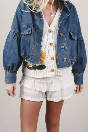 Dusk Blue Balloon Sleeve Button Down Jacket LC788954-P704