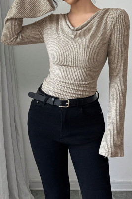 Gray Selianne Women's Mechanic Fabric Cowl Neck Asymmetrical Neck Flared Long Sleeve Asymmetrical Hem Stretch Fitted T-Shirt Fall Cloth For Women LC25231195-P11