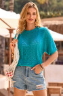 EVALESS Women's Crochet Tops Short Sleeve Hollow Out Knit Sweater Spring Summer Trendy Lightweight Casual Vacation Clothes