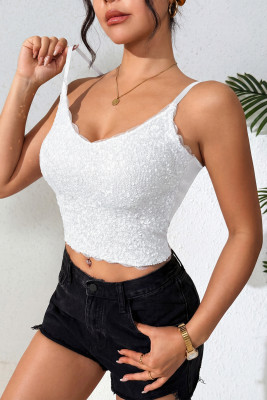 EVALESS Women Sexy Sequin V Neck Tank Tops Summer Adjustable Spaghetti Straps Going Out Sleeveless Cami ShirtsWhite Scalloped Trim Spaghetti Straps Sequin Tank Top LC25613656-P1
