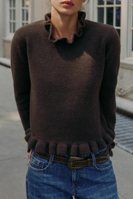 Chicory Coffee RUFFLED KNIT SWEATER LC2728154-P7017