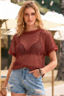 EVALESS Womens Spring Summer Tops Casual Lace Tops Crewneck Short Sleeve Shirts Cut Out T Shirts Sheer Crochet Knit Blouses