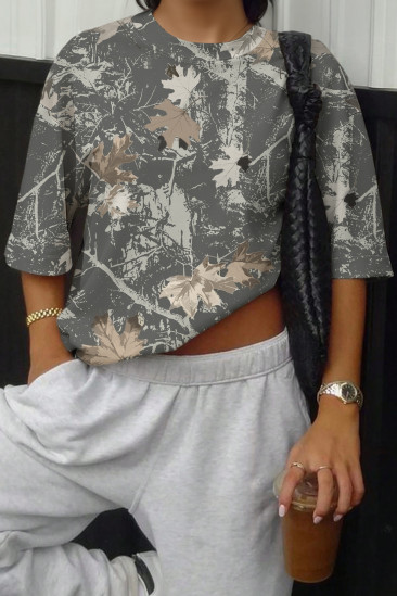EVALESS Womens Camo Shirt Summer Graphic Tee Crewneck Short Sleeve Oversized Maple Leaf Camouflage Print Tops LC25230245-P101120