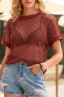 EVALESS Womens Spring Summer Tops Casual Lace Tops Crewneck Short Sleeve Shirts Cut Out T Shirts Sheer Crochet Knit Blouses