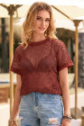 EVALESS Womens Spring Summer Tops Casual Lace Tops Crewneck Short Sleeve Shirts Cut Out T Shirts Sheer Crochet Knit Blouses