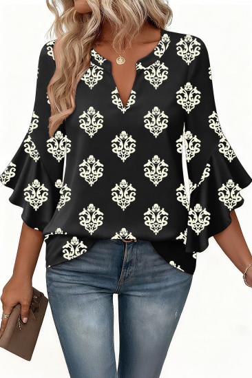 EVALESS Womens Tops Dressy Casual Ruffle 3/4 Length Sleeve Henley V Neck Chiffon Blouses Summer Boho Work Business Outfits LC25135598-P10220