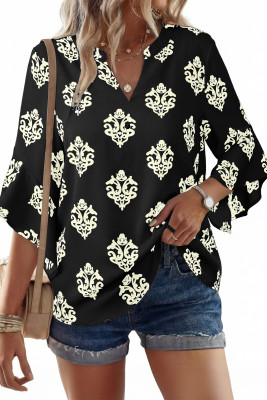 EVALESS Womens Tops Dressy Casual Ruffle 3/4 Length Sleeve Henley V Neck Chiffon Blouses Summer Boho Work Business Outfits LC25135598-P10220